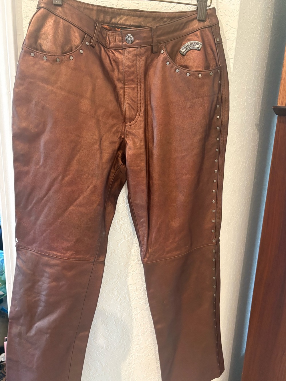 Harley-Davidson Brown Leather Wide-Leg Studded Jeans